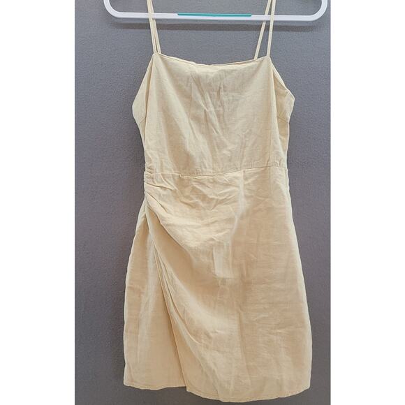 ZARA Linen Blend Mini Dress Small Tan Strappy Ruched Draped Asymmetrical EUC - Picture 3 of 11